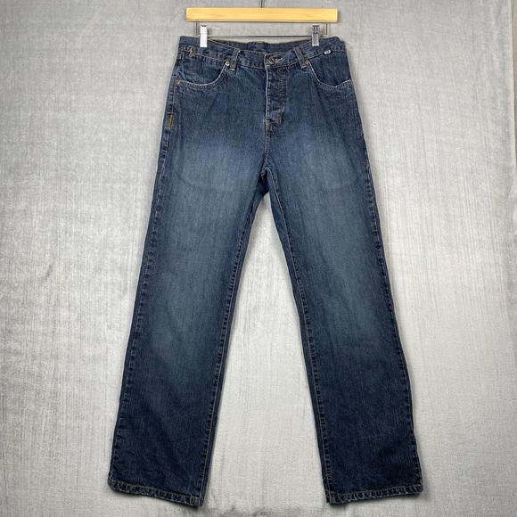 Etnies Jeans Womens Size 30 Raw Denim Straight Leg Distressed 100% Cotton - Picture 1 of 13